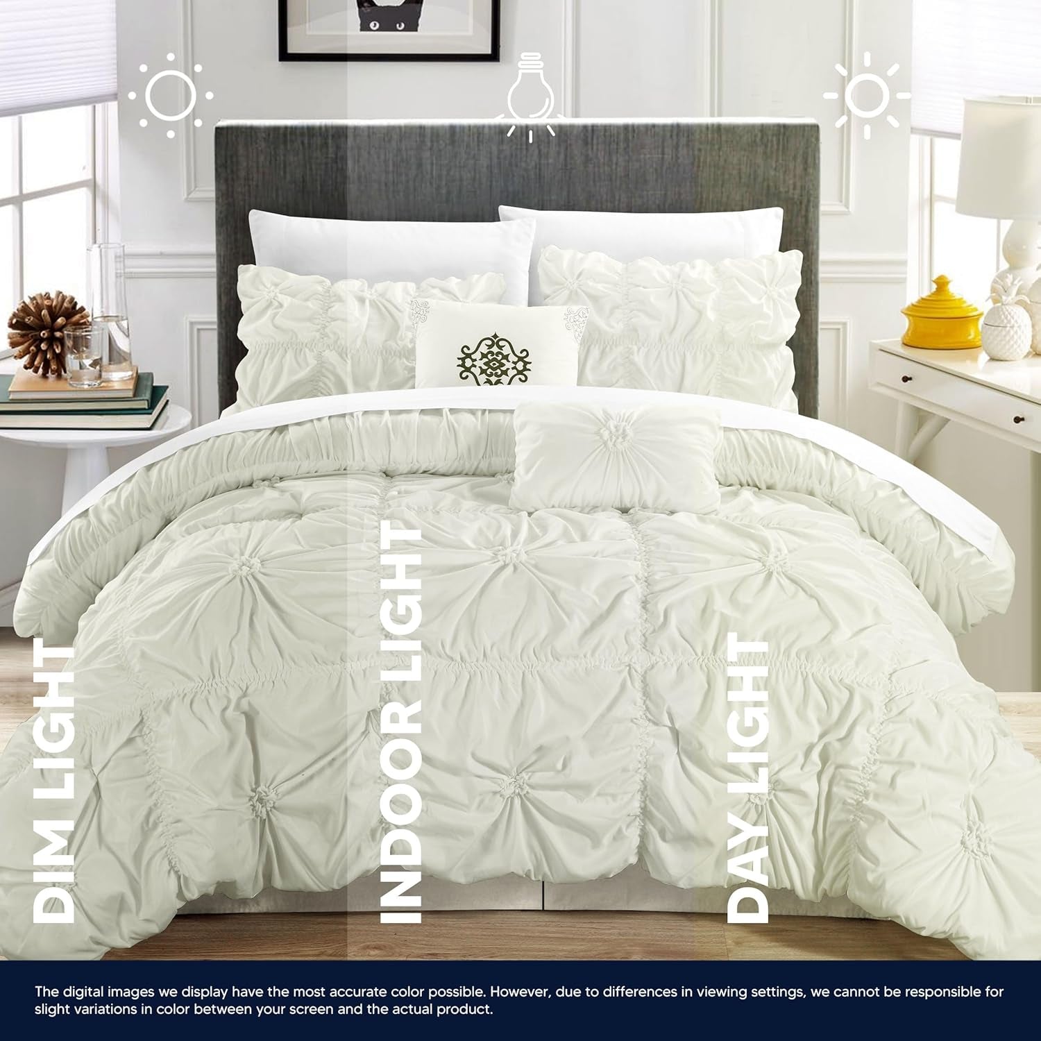 Halpert King Size 6-Piece White Bed in a Bag Comforter Set with Pintuck Pinch Pleat Microfiber Bedding, Including Shams, Bed Skirt, Flat & Fitted Sheets, Pillowcases, and Decorative Pillows