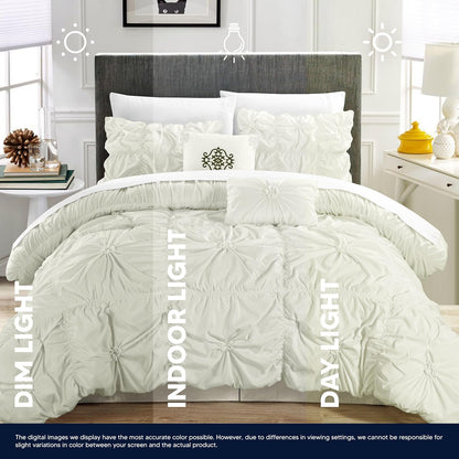 Halpert King Size 6-Piece White Bed in a Bag Comforter Set with Pintuck Pinch Pleat Microfiber Bedding, Including Shams, Bed Skirt, Flat & Fitted Sheets, Pillowcases, and Decorative Pillows