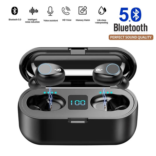 Bluetooth 5.0 True Wireless Earbuds with Smart LED Display Charging Case, Touch Control, Built-in Microphone, 120 Hours Playtime, Noise Cancelling Headset for Sports