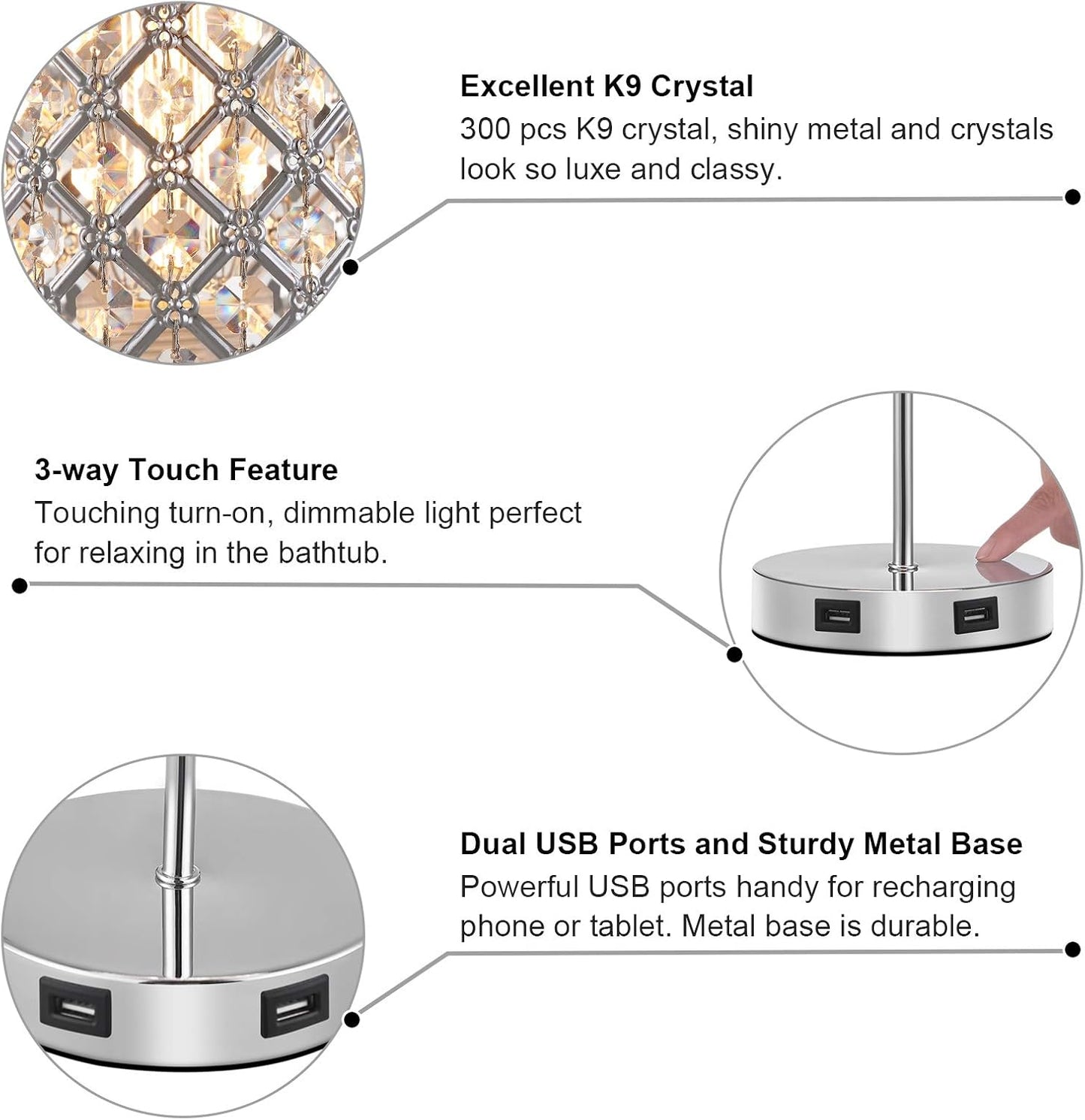 Set of 2 Silver Crystal Touch Table Lamps, 3-Way Dimmable Bedside Lighting with Dual USB Ports, Ideal for Bedrooms and Living Rooms (Includes 2 Bulbs)
