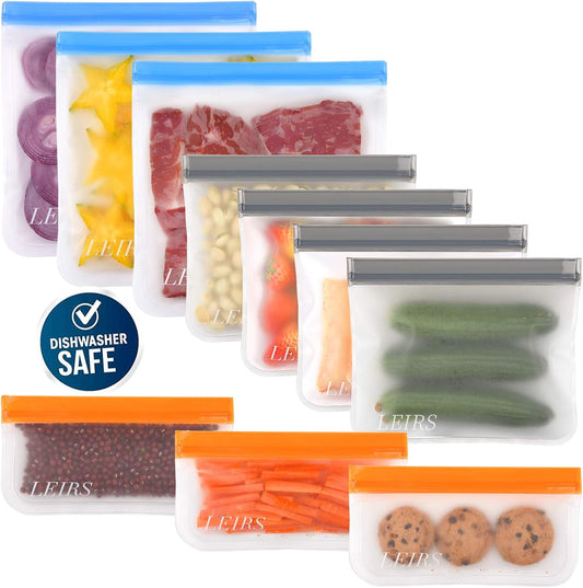 Premium Dishwasher-Safe Reusable Storage Bags - 10 Pack, Extra Thick Leakproof Silicone Freezer and Lunch Bags, BPA-Free for Food Storage, Marinating Meat, Fruits, Cereals, Sandwiches, and Snacks