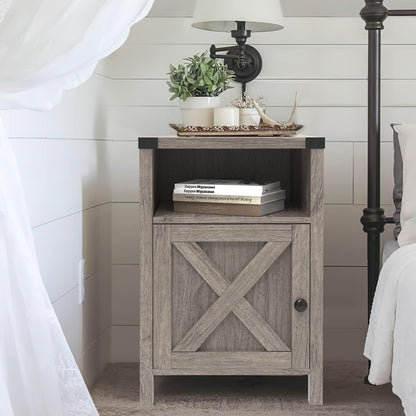 Set of 2 Rustic Gray Farmhouse Nightstands with Barn Door and Shelf for Bedroom and Living Room