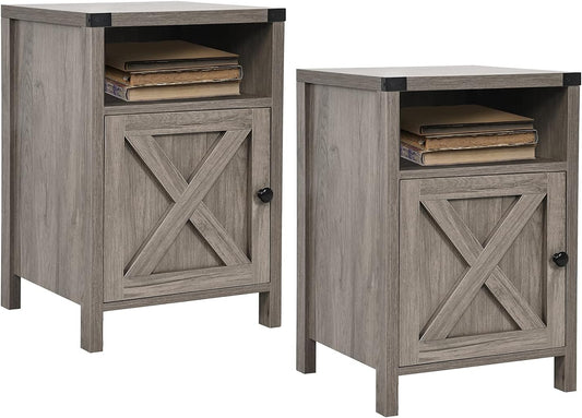Set of 2 Rustic Gray Farmhouse Nightstands with Barn Door and Shelf for Bedroom and Living Room