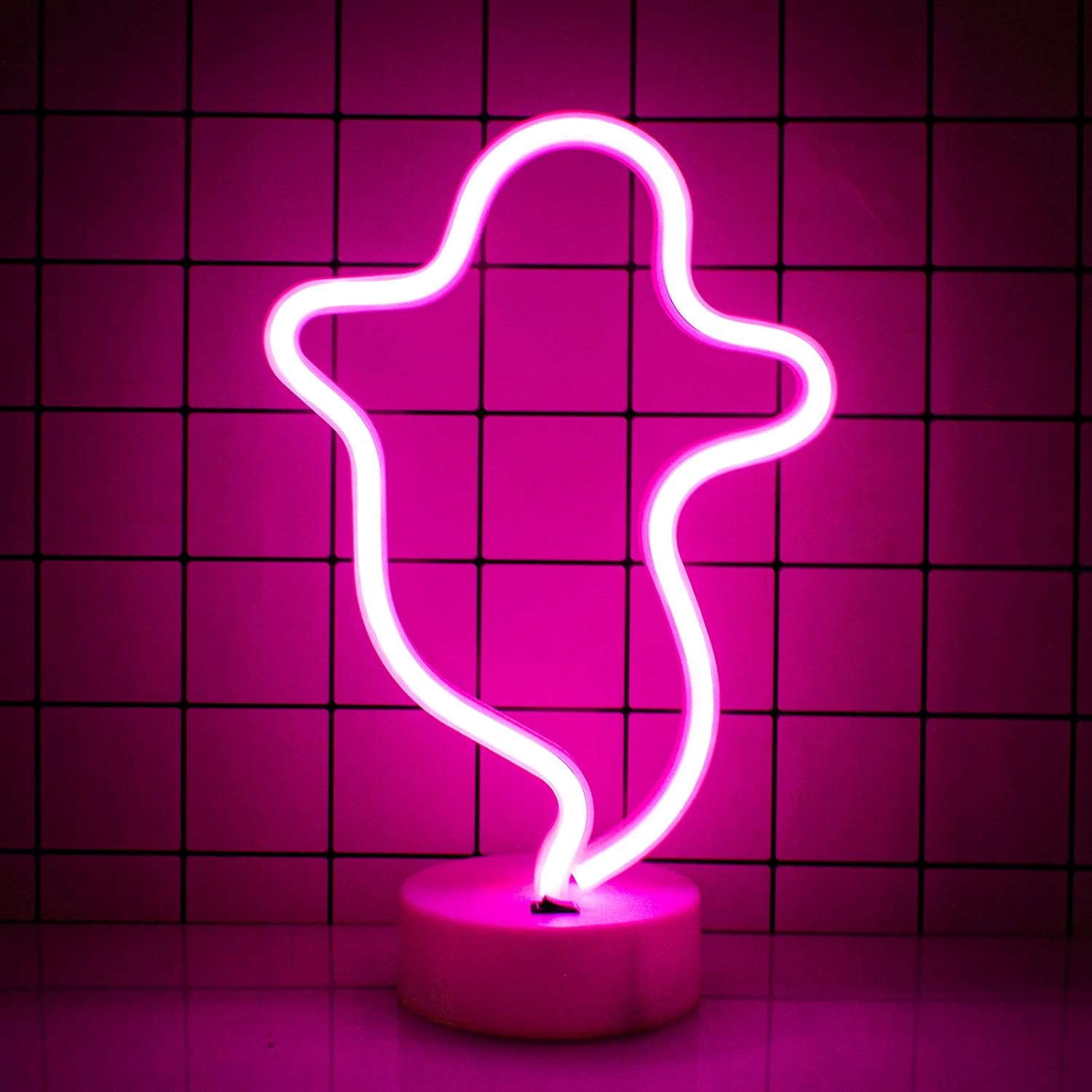 Ghost LED Neon Wall Sign - Halloween Decor, Battery-Operated Pink Neon Light for Bedroom, Christmas Parties, Weddings, and Kids' Rooms
