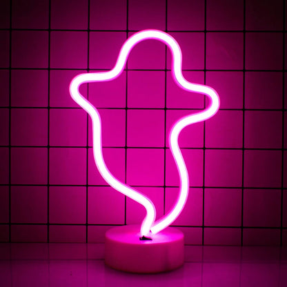 Ghost LED Neon Wall Sign - Halloween Decor, Battery-Operated Pink Neon Light for Bedroom, Christmas Parties, Weddings, and Kids' Rooms
