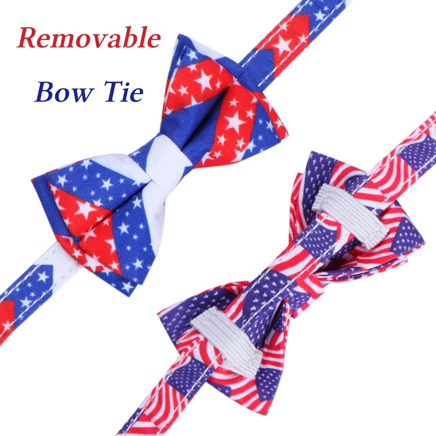 2 Pack 4Th of July Cat Collars with Bow Tie Bell, Breakaway Adjustable Red White and Blue USA Flag Star Cat Kitten Collars with Bowtie Bell for Cats Kittens (USA Flag & Star)