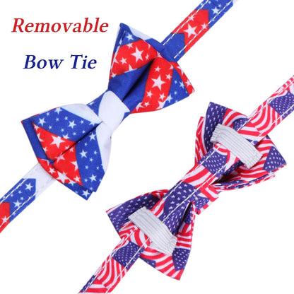 2 Pack 4Th of July Cat Collars with Bow Tie Bell, Breakaway Adjustable Red White and Blue USA Flag Star Cat Kitten Collars with Bowtie Bell for Cats Kittens (USA Flag & Star)