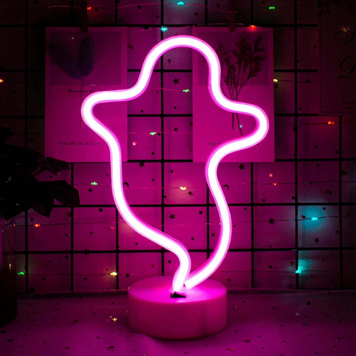 Ghost LED Neon Wall Sign - Halloween Decor, Battery-Operated Pink Neon Light for Bedroom, Christmas Parties, Weddings, and Kids' Rooms