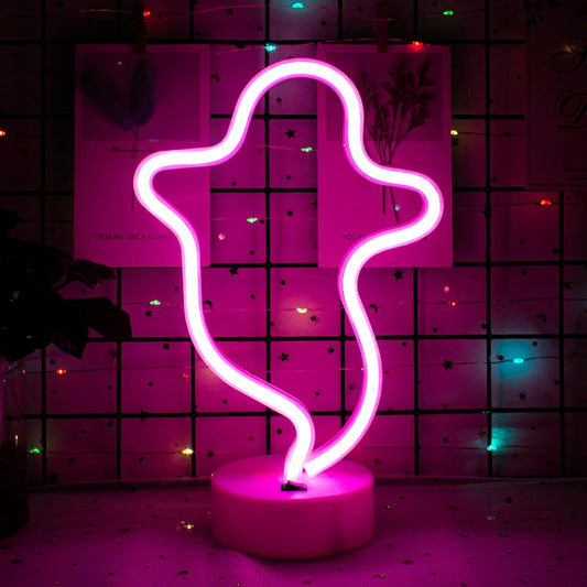 Ghost LED Neon Wall Sign - Halloween Decor, Battery-Operated Pink Neon Light for Bedroom, Christmas Parties, Weddings, and Kids' Rooms