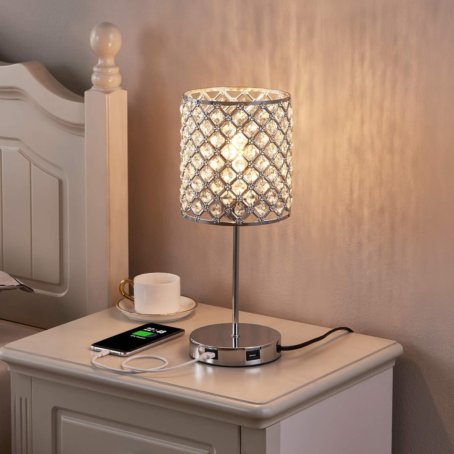 Set of 2 Silver Crystal Touch Table Lamps, 3-Way Dimmable Bedside Lighting with Dual USB Ports, Ideal for Bedrooms and Living Rooms (Includes 2 Bulbs)