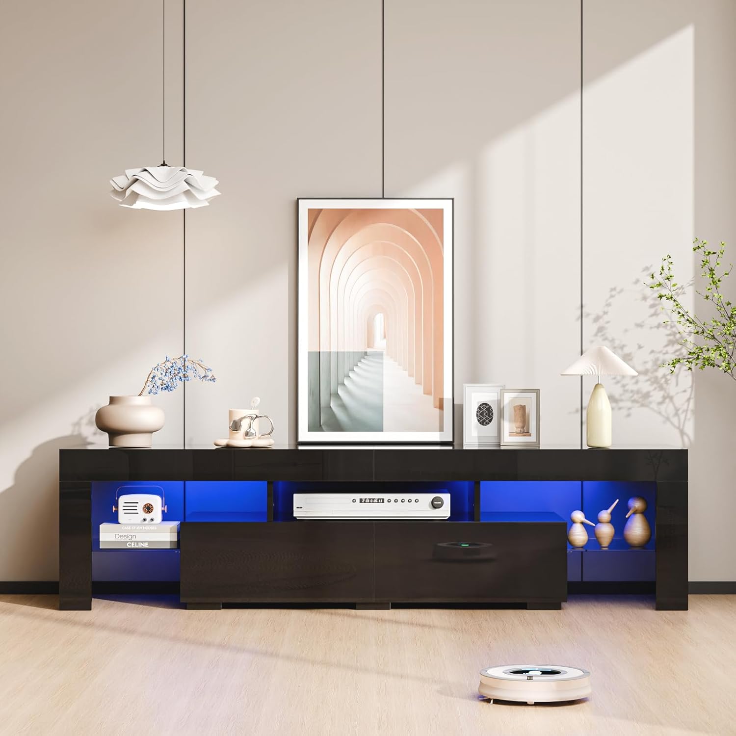 Modern LED TV Stand for TVs up to 70 Inches, Stylish Entertainment Center with LED Lighting and Storage Solutions for Living Room (Black, 63" x 14" x 18")