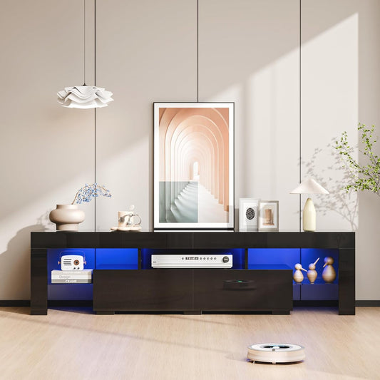 Modern LED TV Stand for TVs up to 70 Inches, Stylish Entertainment Center with LED Lighting and Storage Solutions for Living Room (Black, 63" x 14" x 18")
