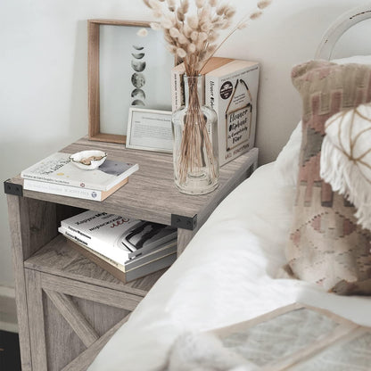 Set of 2 Rustic Gray Farmhouse Nightstands with Barn Door and Shelf for Bedroom and Living Room