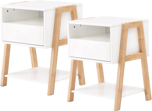 White Nightstand Set of 2 with Drawer Storage Shelves for Bedroom, Living Room, and Office