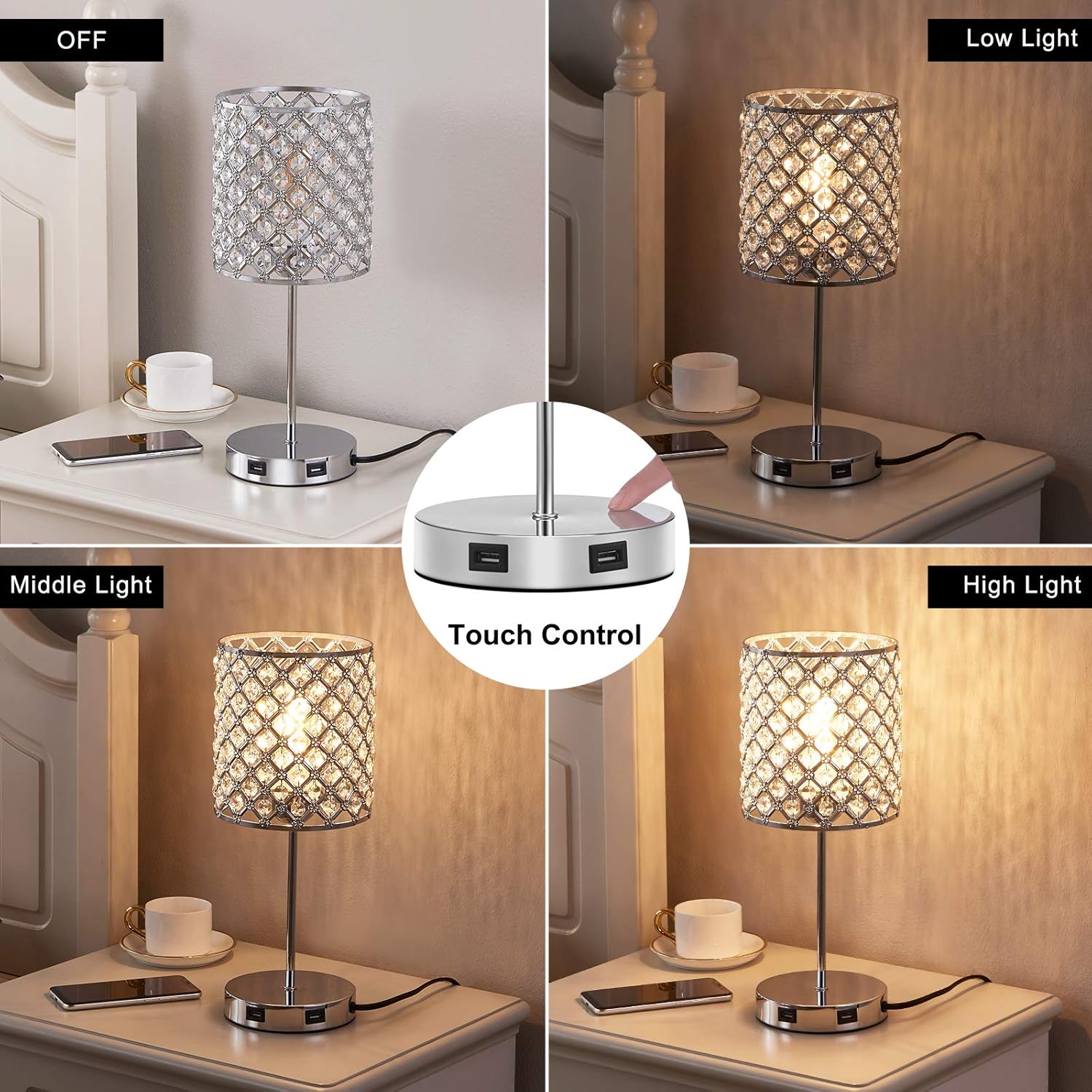 Set of 2 Silver Crystal Touch Table Lamps, 3-Way Dimmable Bedside Lighting with Dual USB Ports, Ideal for Bedrooms and Living Rooms (Includes 2 Bulbs)