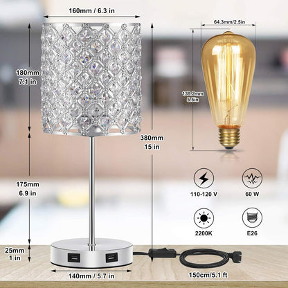 Set of 2 Silver Crystal Touch Table Lamps, 3-Way Dimmable Bedside Lighting with Dual USB Ports, Ideal for Bedrooms and Living Rooms (Includes 2 Bulbs)