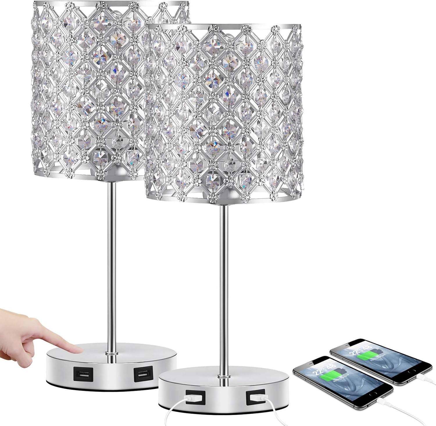Set of 2 Silver Crystal Touch Table Lamps, 3-Way Dimmable Bedside Lighting with Dual USB Ports, Ideal for Bedrooms and Living Rooms (Includes 2 Bulbs)