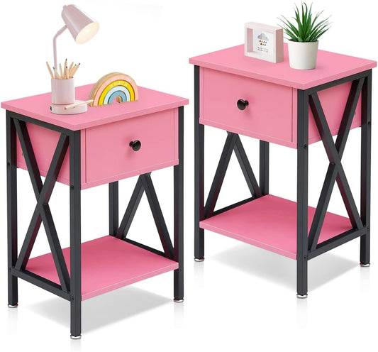X-Design Nightstands with Drawer and Storage Shelf, Classic Pink, Set of 2 for Living Room and Bedroom