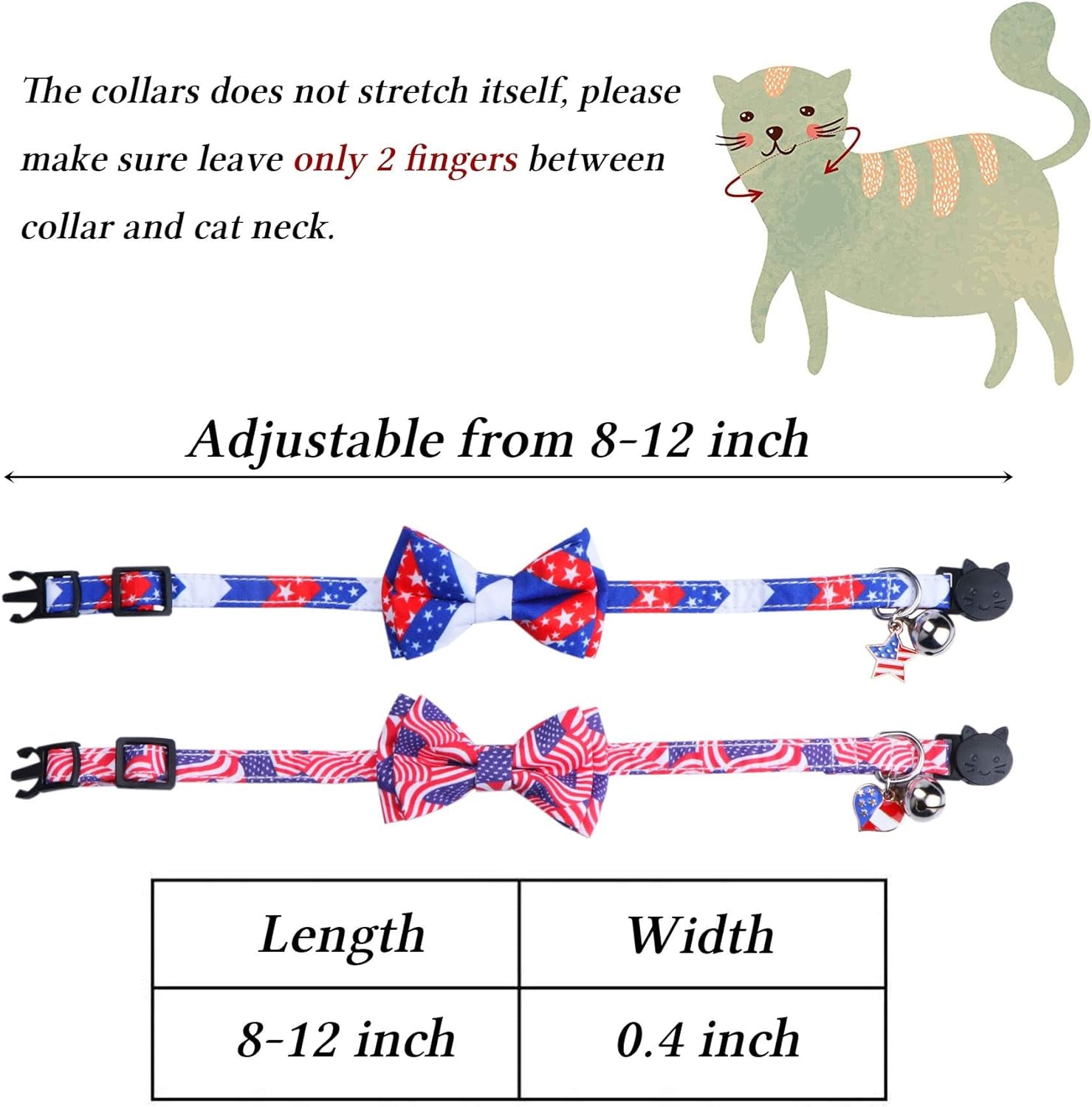 2 Pack 4Th of July Cat Collars with Bow Tie Bell, Breakaway Adjustable Red White and Blue USA Flag Star Cat Kitten Collars with Bowtie Bell for Cats Kittens (USA Flag & Star)