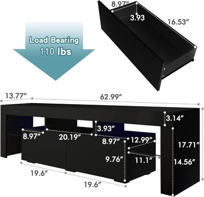 High Gloss Black TV Stand with 2 Storage Compartments and 3 Open Shelves for 50 to 70 Inch TVs - Modern Entertainment Center and Media Console