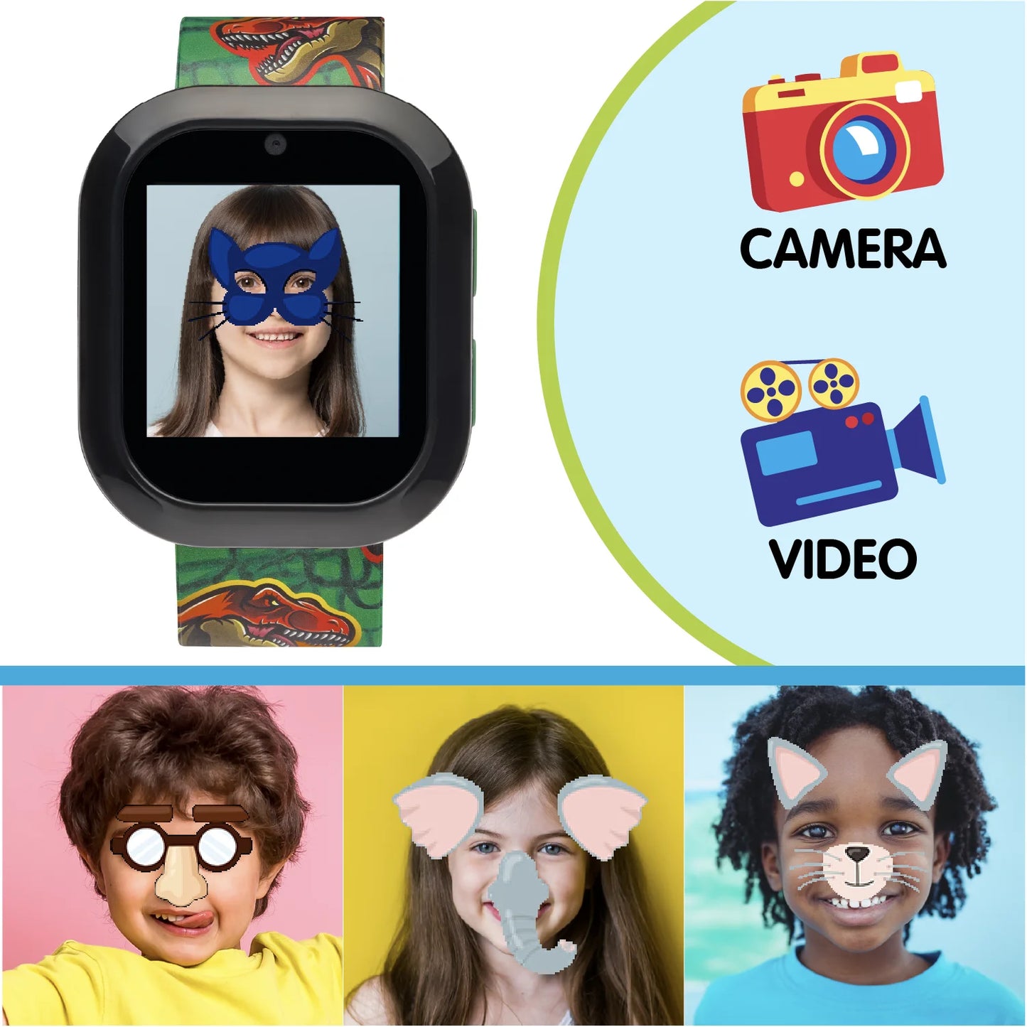 Children's Smartwatch with Bluetooth Headphones featuring Dinosaur Design and Illuminating Effects
