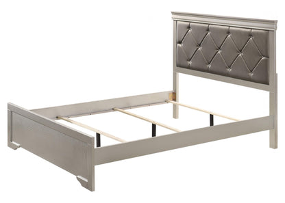 6-Piece Silver Finish King Size Upholstered Bed Set with Dresser, Mirror, Nightstand, and Chest - Wooden Bedroom Furniture