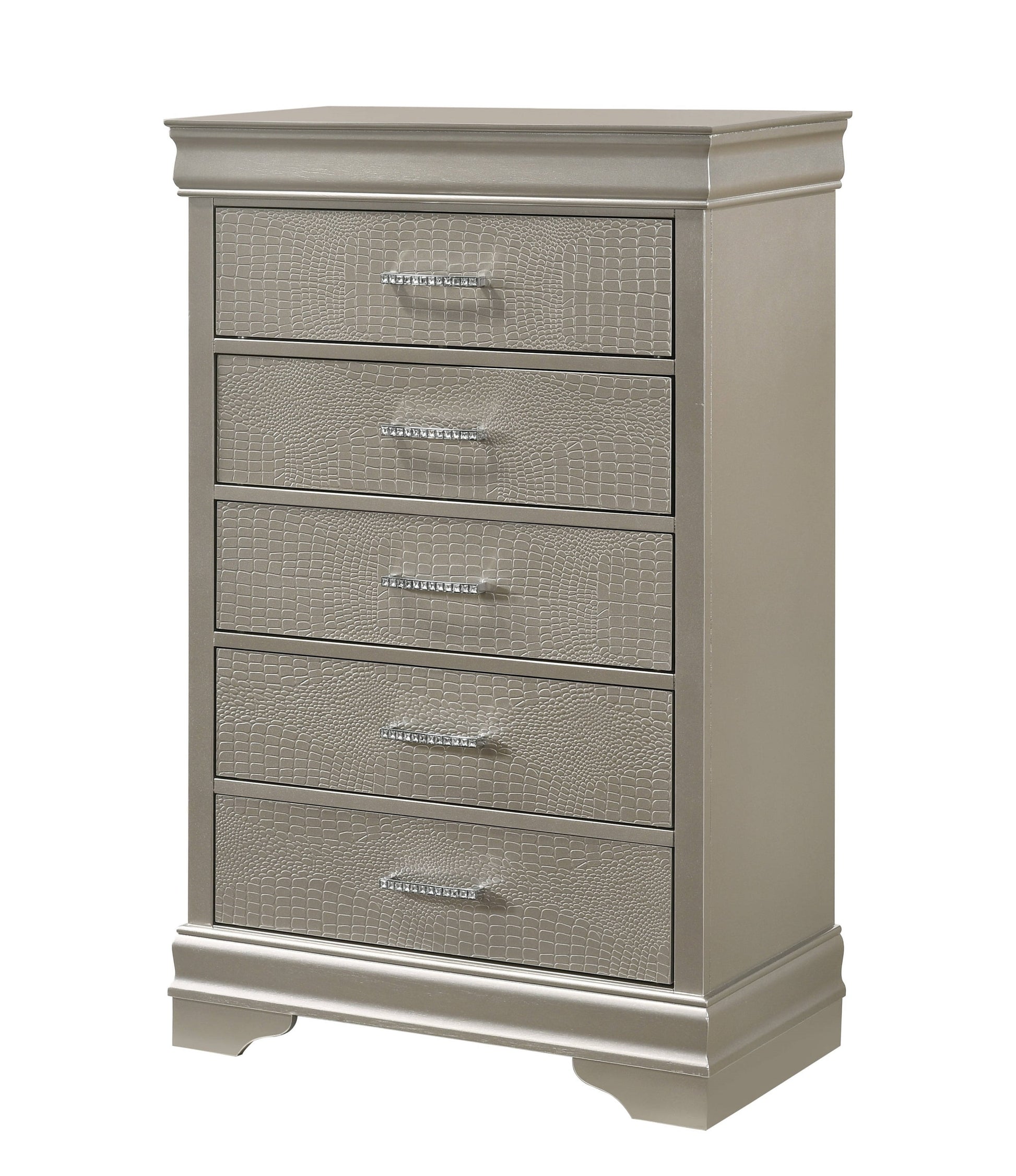 6-Piece Silver Finish King Size Upholstered Bed Set with Dresser, Mirror, Nightstand, and Chest - Wooden Bedroom Furniture