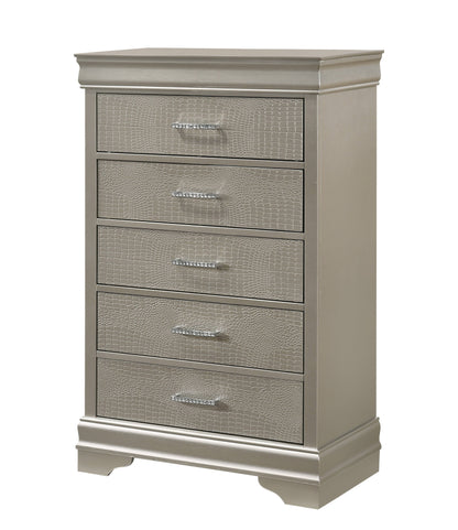 6-Piece Silver Finish King Size Upholstered Bed Set with Dresser, Mirror, Nightstand, and Chest - Wooden Bedroom Furniture
