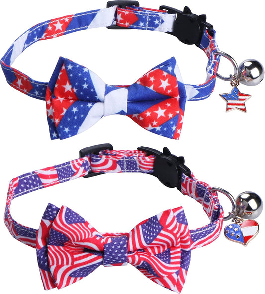 2 Pack 4Th of July Cat Collars with Bow Tie Bell, Breakaway Adjustable Red White and Blue USA Flag Star Cat Kitten Collars with Bowtie Bell for Cats Kittens (USA Flag & Star)