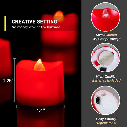 Red Battery-Operated Tea Light Candles, 200+ Hour Flameless Flickering LED Tealights for Events and Celebrations, 24-Pack