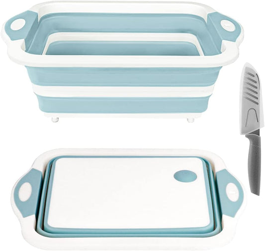 Collapsible Cutting Board and Colander Set - Multifunctional Silicone Kitchen Vegetable Washing Basket for BBQ, Picnic, and Camping (Light Blue)