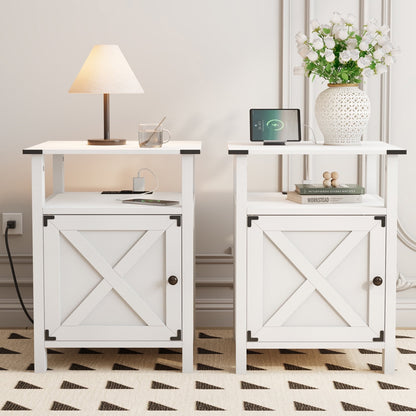 Set of 2 White Farmhouse Nightstands for Bedroom Furniture