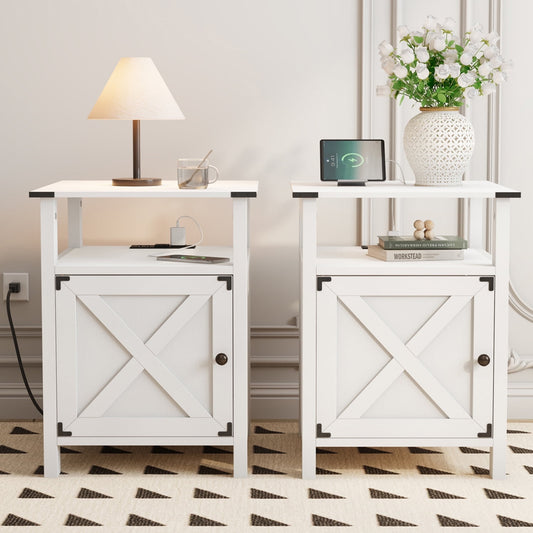 Set of 2 White Farmhouse Nightstands for Bedroom Furniture