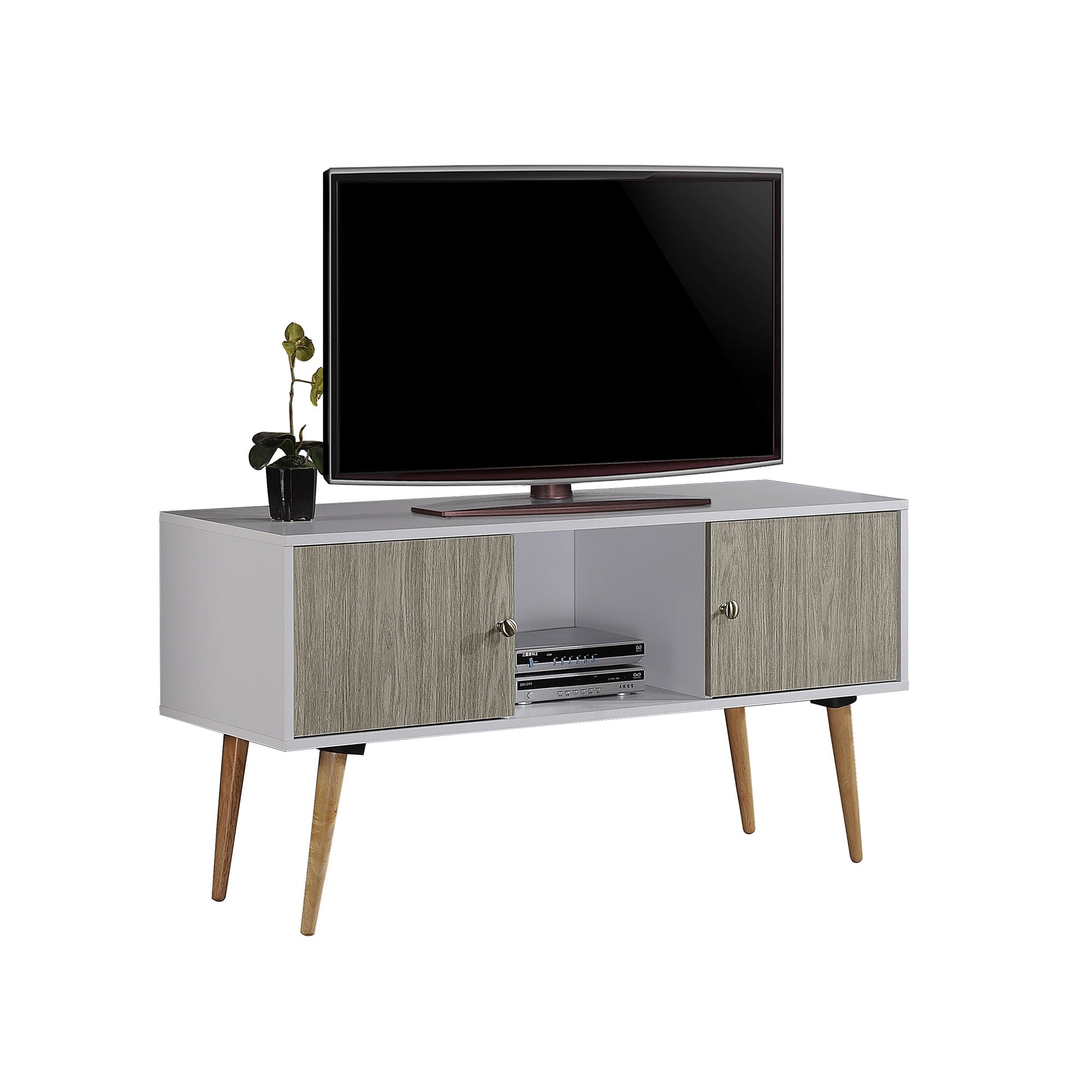 Import HITV435 Retro TV Stand with Storage Cabinets in White and Gray