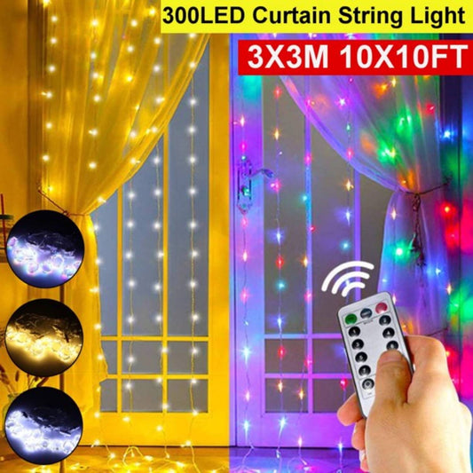 8 Modes 300 LED Curtain String Fairy Lights with Remote