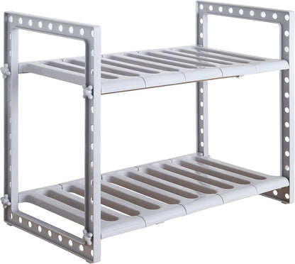 under Sink Expandable Shelf Organizer Rack, 2-Tier Adjustable Storage Shelves(Expands 15-3/8 to 26Inches, Grey)