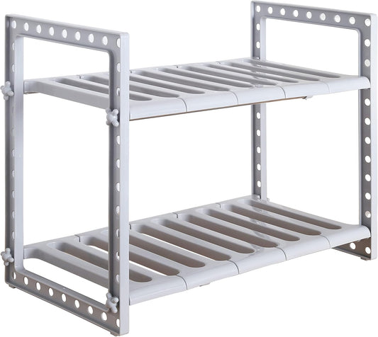 under Sink Expandable Shelf Organizer Rack, 2-Tier Adjustable Storage Shelves(Expands 15-3/8 to 26Inches, Grey)