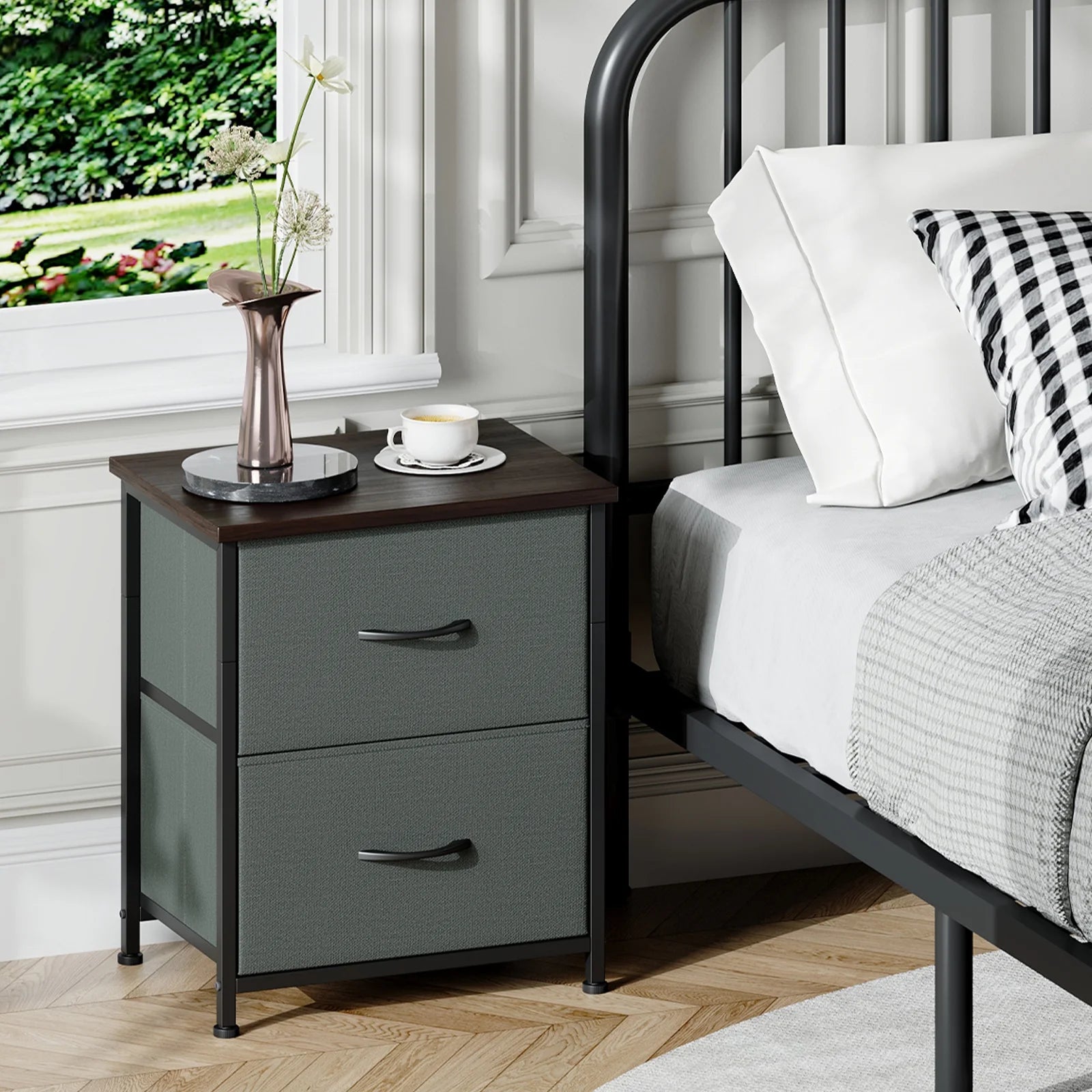 Charcoal Grey Nightstands - Set of 2 Small Bedside Tables for Bedroom and Closet