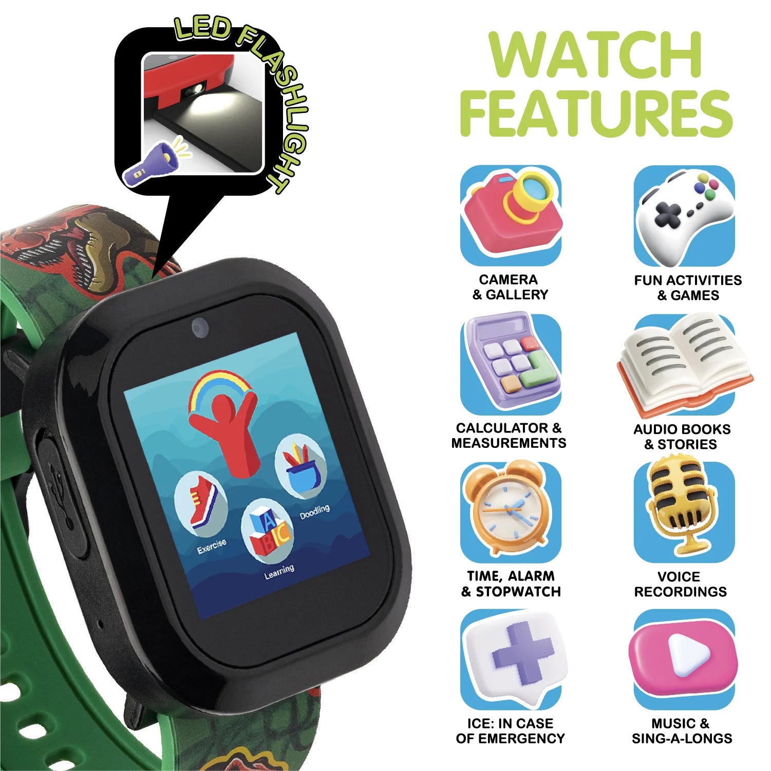 Children's Smartwatch with Bluetooth Headphones featuring Dinosaur Design and Illuminating Effects