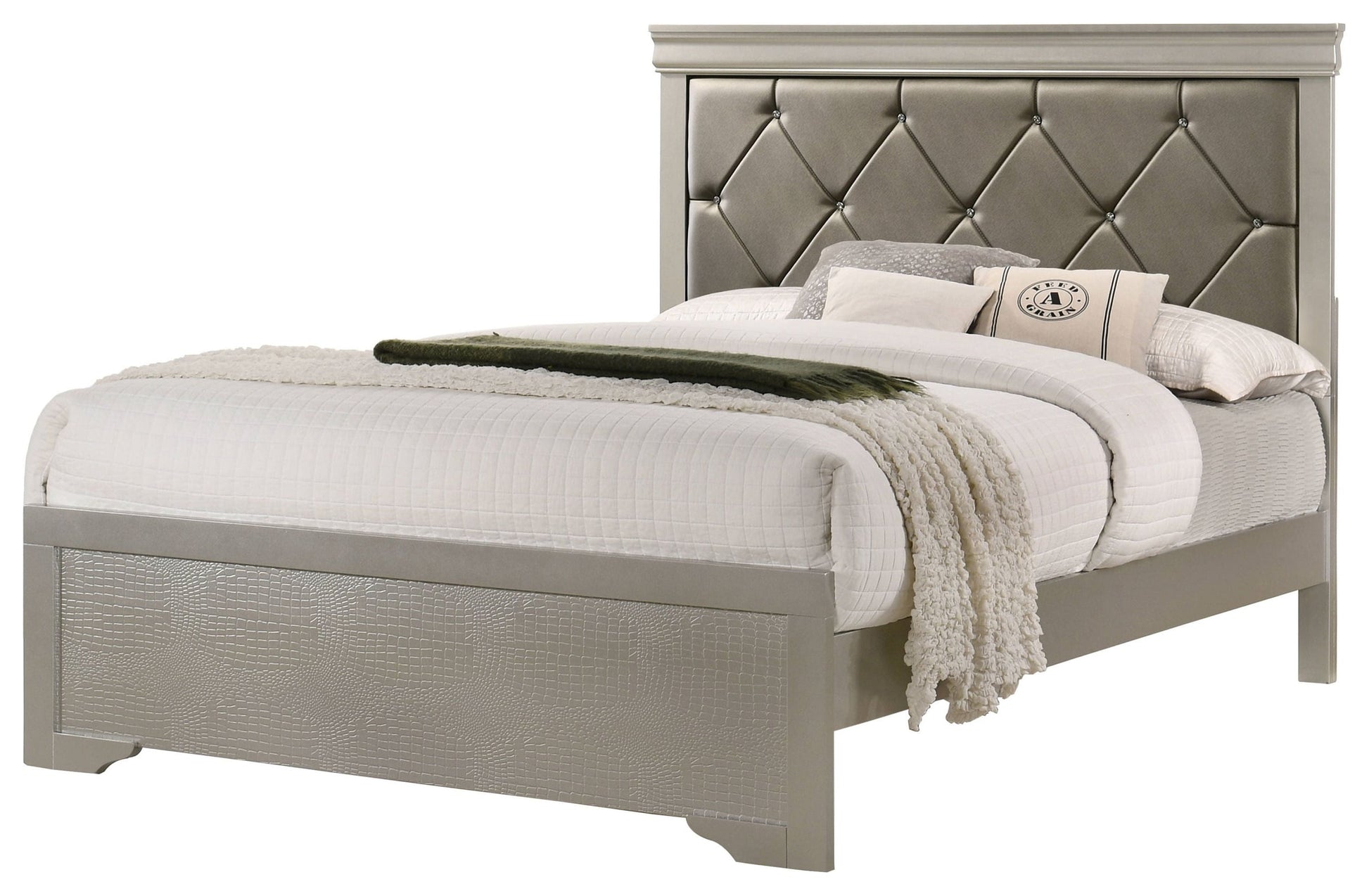 6-Piece Silver Finish King Size Upholstered Bed Set with Dresser, Mirror, Nightstand, and Chest - Wooden Bedroom Furniture