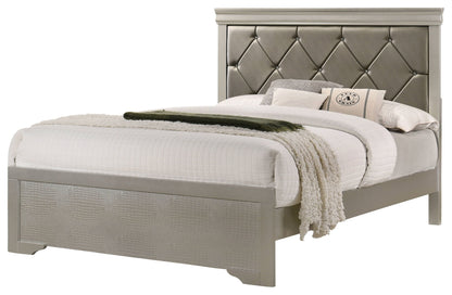 6-Piece Silver Finish King Size Upholstered Bed Set with Dresser, Mirror, Nightstand, and Chest - Wooden Bedroom Furniture