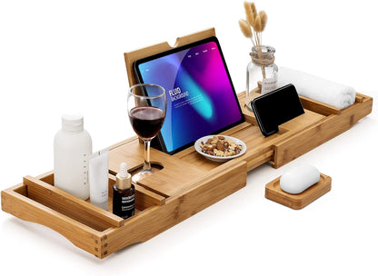 Bamboo Bathtub Caddy Tray Durable, Non-Slip, One or Two Person Bath and Bed Tray, Extending Sides Fits Any Tub, Cellphone and Wineglass Holder, Free Soap Holder -Yellow