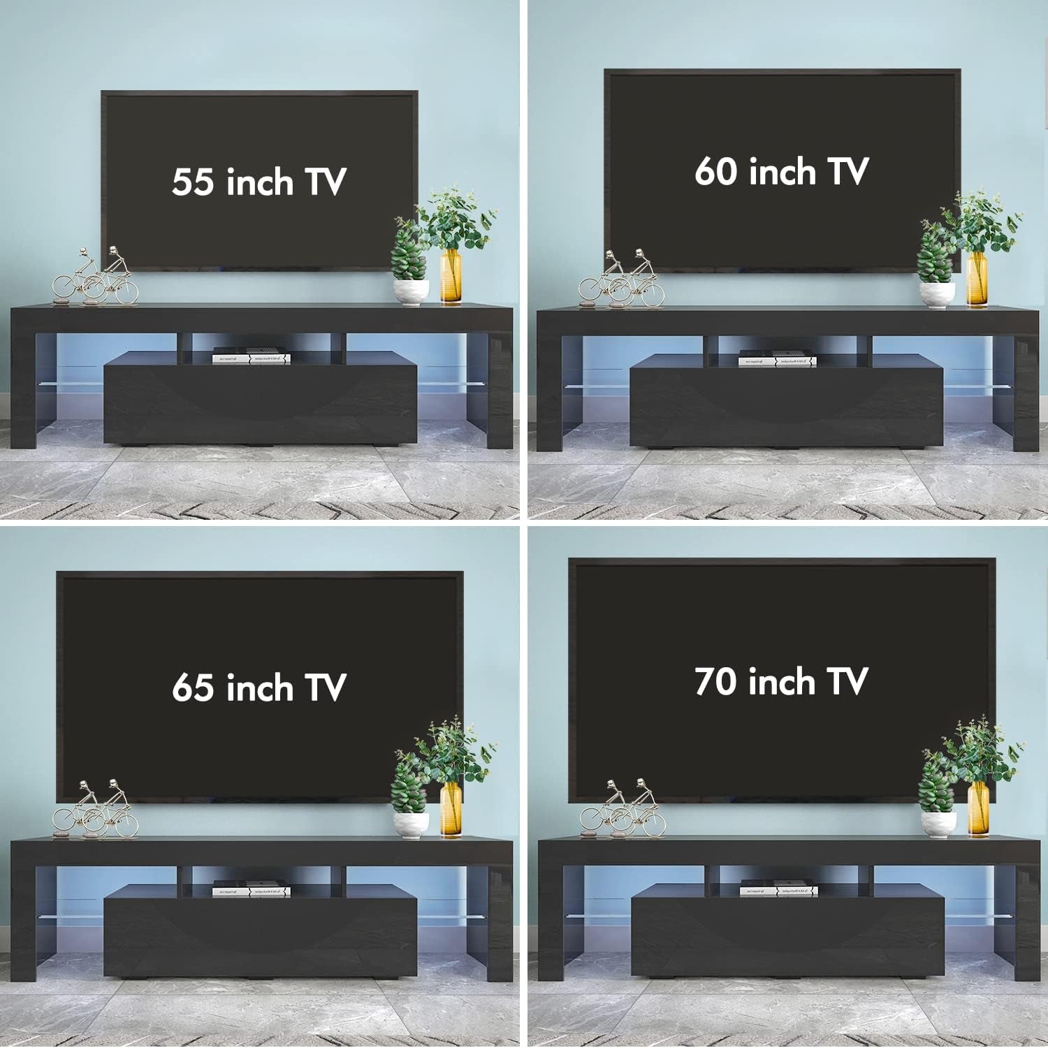 High Gloss Black TV Stand with 2 Storage Compartments and 3 Open Shelves for 50 to 70 Inch TVs - Modern Entertainment Center and Media Console