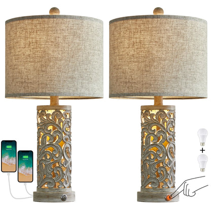Set of 2 Dimmable 22" Farmhouse Touch Table Lamps with USB Ports for Living Room and Bedroom (Bulbs Included)