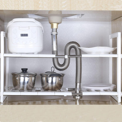 under Sink Expandable Shelf Organizer Rack, 2-Tier Adjustable Storage Shelves(Expands 15-3/8 to 26Inches, Grey)