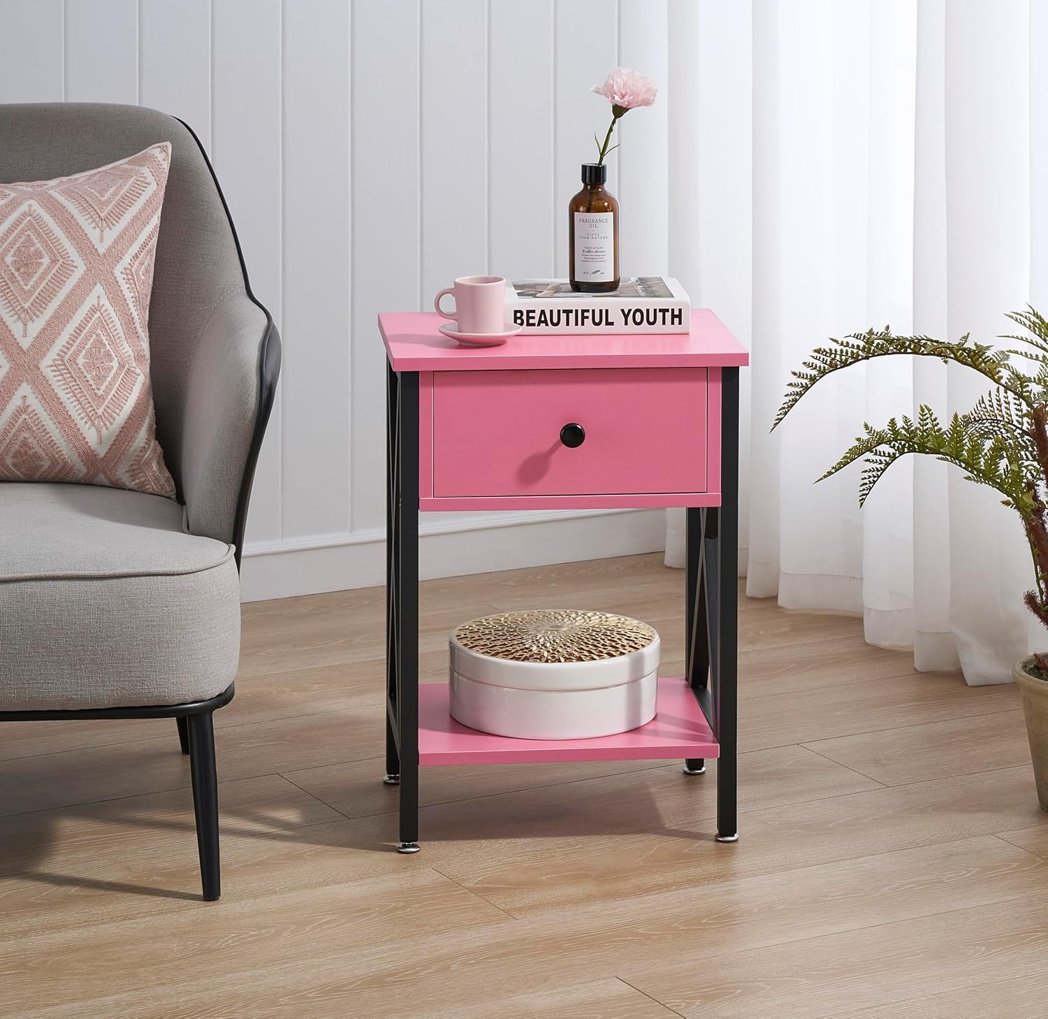 X-Design Nightstands with Drawer and Storage Shelf, Classic Pink, Set of 2 for Living Room and Bedroom