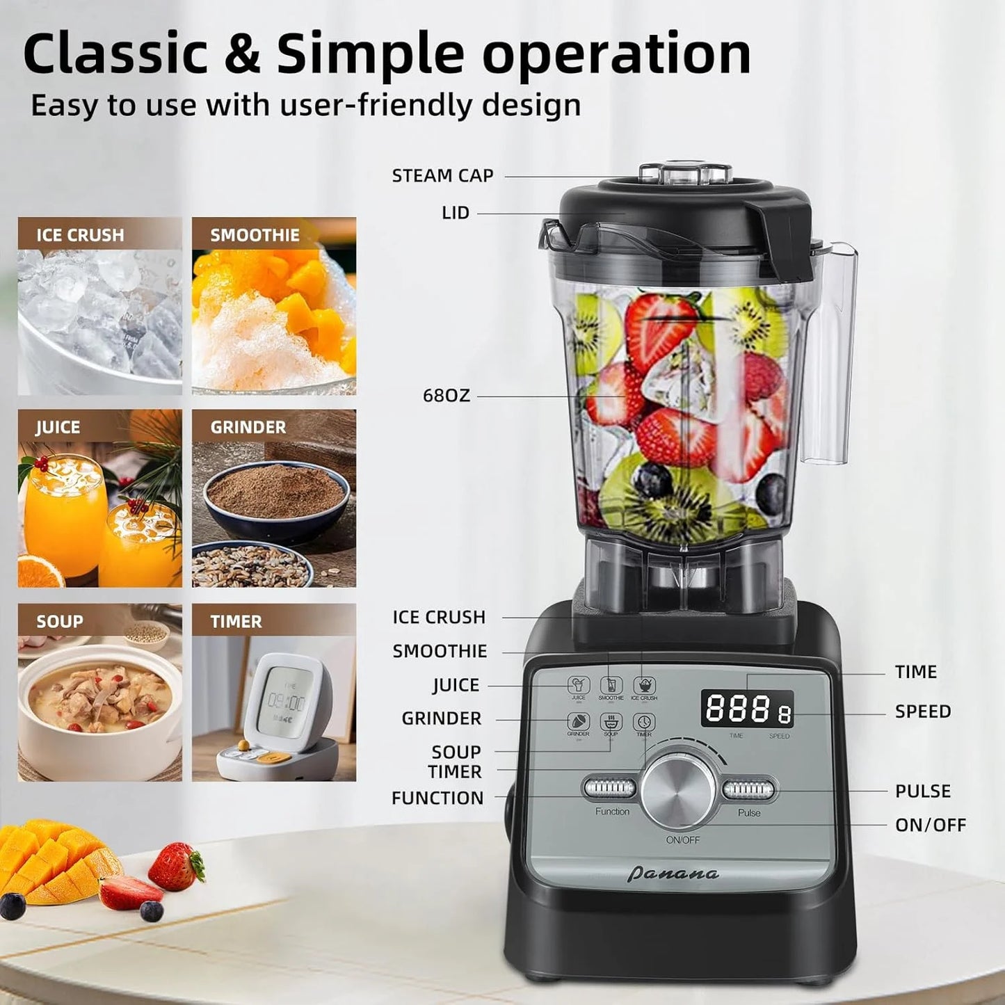 Professional Countertop Blender with 1400W Motor, 68Oz Capacity for Smoothies, Frozen Drinks, and Ice Crushing