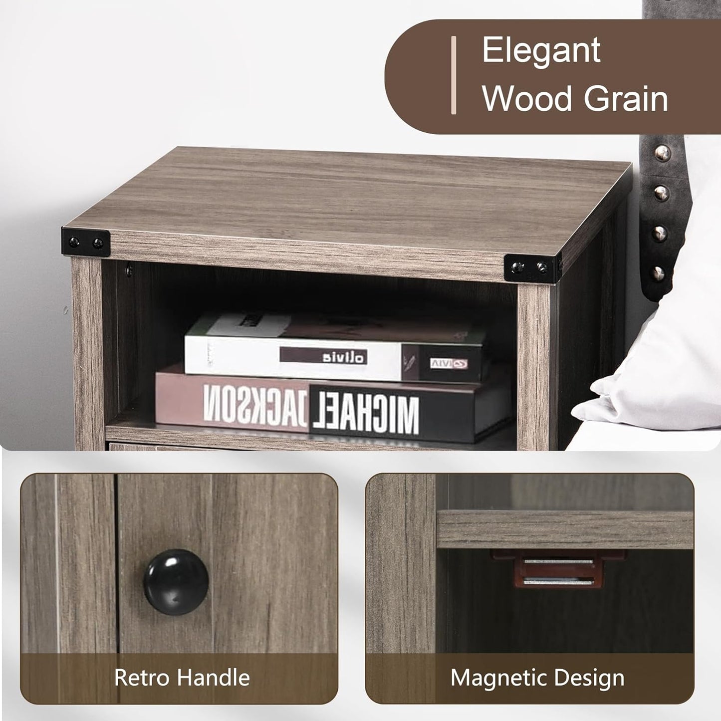 Rustic Nightstand Set of Two, Farmhouse End Tables with Barn Door and Shelf, Gray Wash Finish for Bedroom and Living Room
