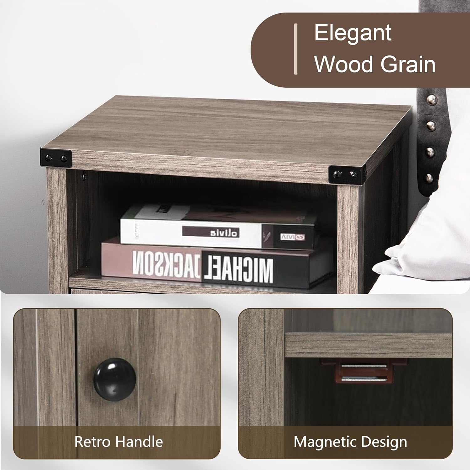 Rustic Nightstand Set of Two, Farmhouse End Tables with Barn Door and Shelf, Gray Wash Finish for Bedroom and Living Room