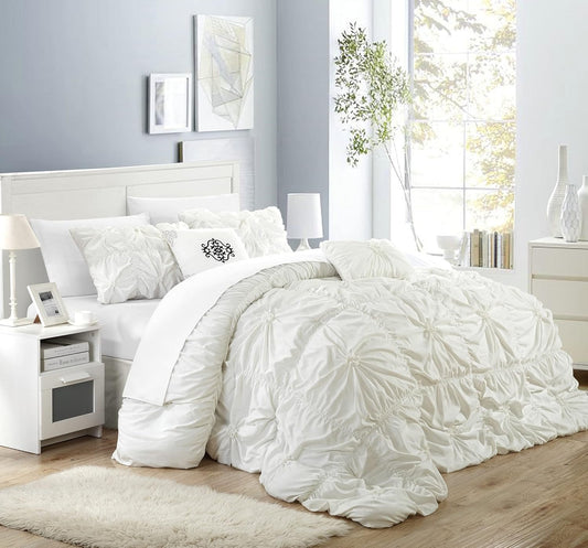 Halpert King Size 6-Piece White Bed in a Bag Comforter Set with Pintuck Pinch Pleat Microfiber Bedding, Including Shams, Bed Skirt, Flat & Fitted Sheets, Pillowcases, and Decorative Pillows